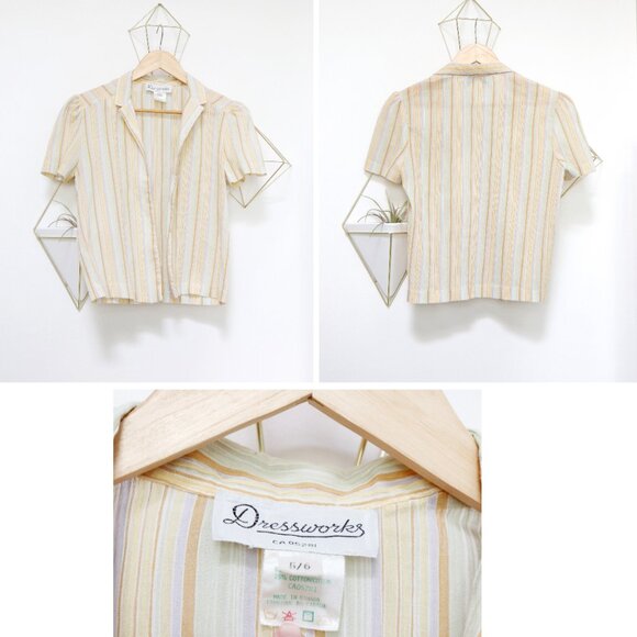 70s Yellow Pastel Rainbow Striped Overcoat w/ Short Sleeve & Slim Collar, Gauzy - Picture 9 of 10